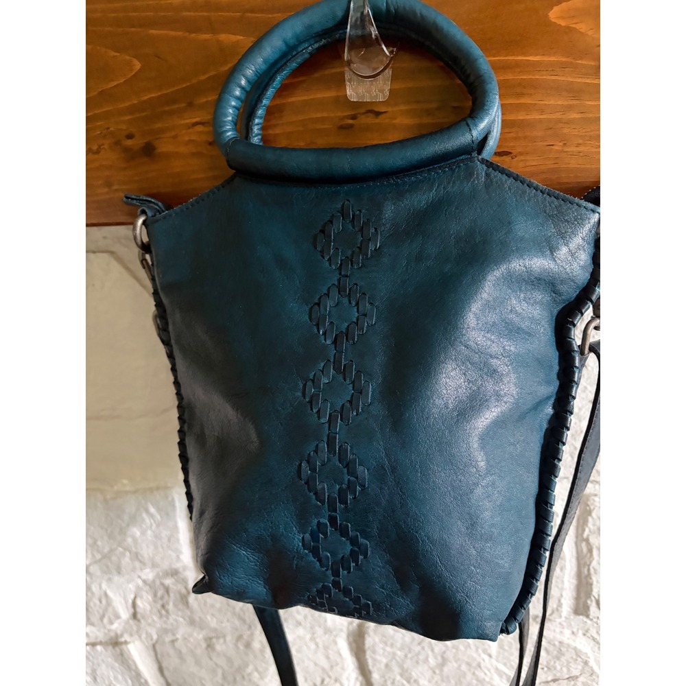 Vintage Latico Teal Leather Handbag Whipstitch Crossbody Tote Geometric Detail - Picture 4 of 17